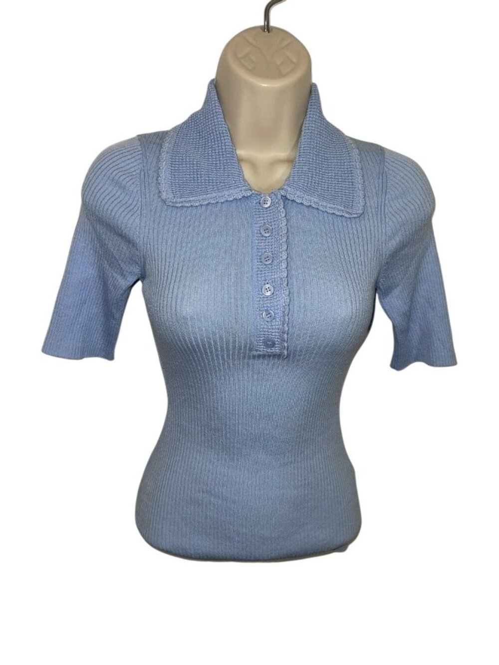 & OTHER STORIES Women's Size XS Light Blue Scalloped Rib-Knit Top Retail $99.00